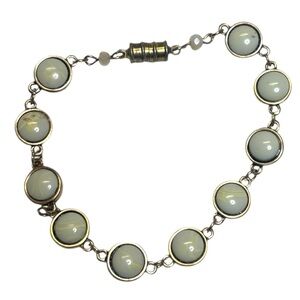 Round Natural Stone Vintage Tennis Bracelet Gold Tone Magnetic Clasp 8”
